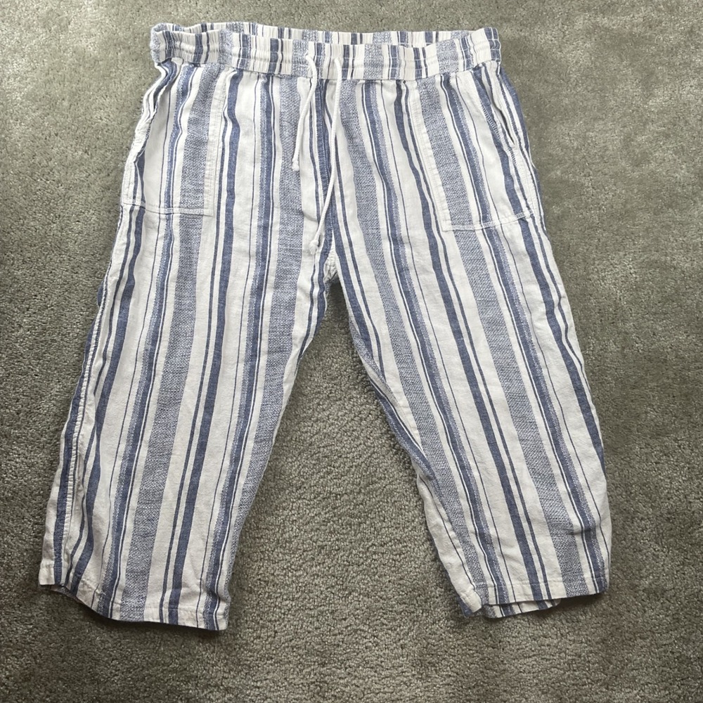 Beachlunchlounge Linen Blend Crop Pants Womens Medium Blue White Striped
